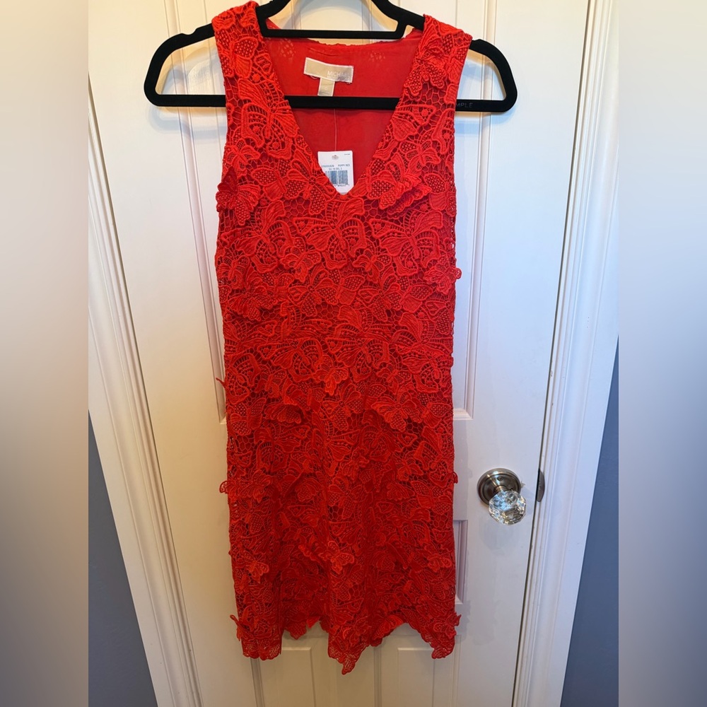 Michael Kors Vibrant Red Lace Butterfly Cocktail Dress - NWT